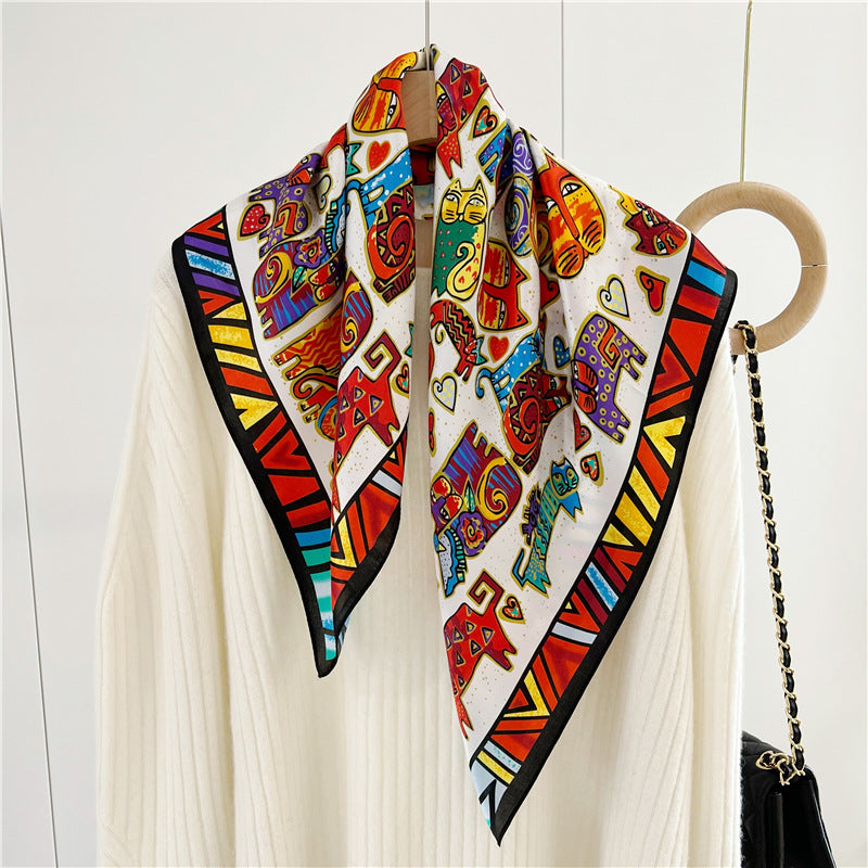 26'' Cartoon Cat Mulberry Silk Scarf – Playful & Cute Square Silk Shawl for Women, Fun & Unique Accessory