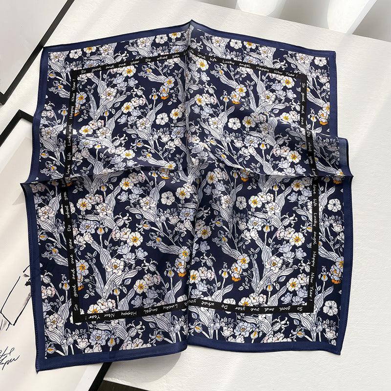 Navy Blue Chiffon Flower 100% mulberry Silk Scarf/Silk head scarf/Silk hair scarf/Silk neck scarf/Mother's Day Gifts/Bag Accessory/Gift for her