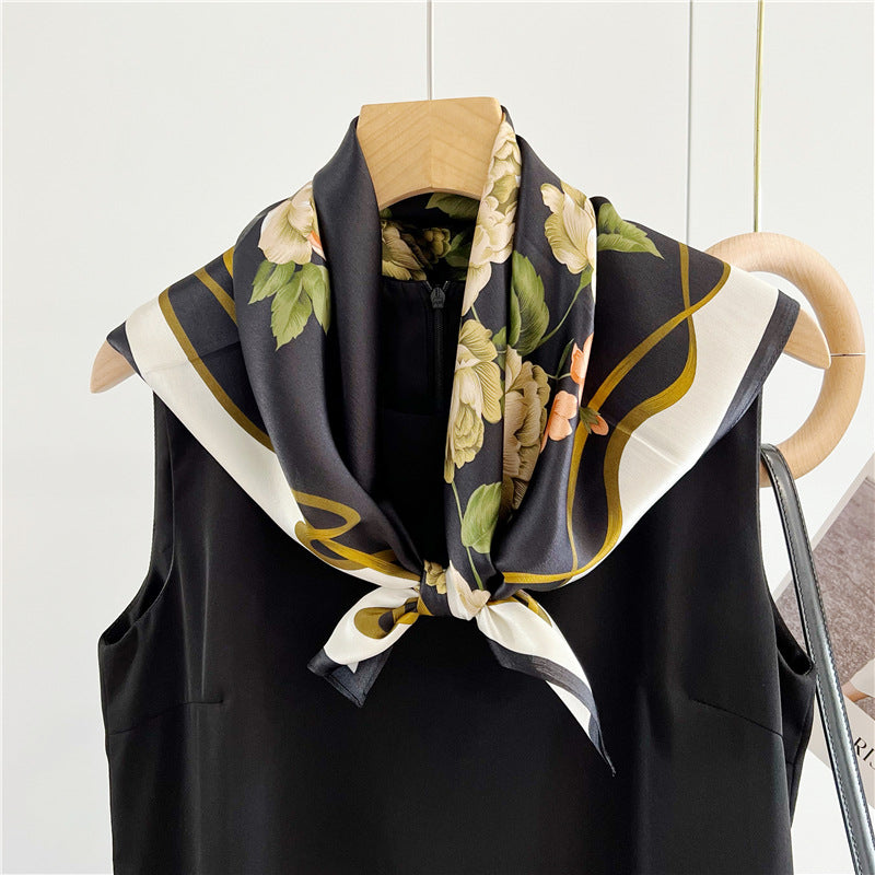 26'' Black Camellia Mulberry Silk Scarf – Elegant Floral Square Silk Shawl for Women, Timeless & Luxurious Accessory
