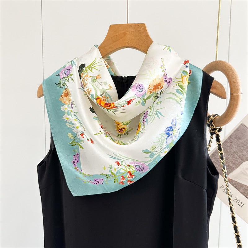 26'' Fresh Blue Border Floral Mulberry Silk Scarf – Elegant Floral Square Silk Shawl for Women, Soft & Feminine Accessory