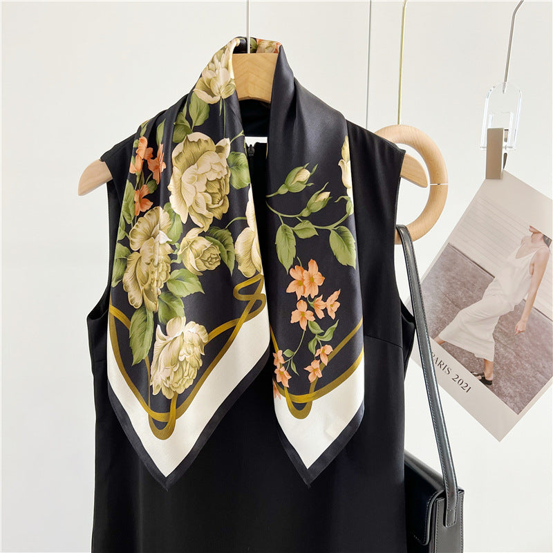 26'' Black Camellia Mulberry Silk Scarf – Elegant Floral Square Silk Shawl for Women, Timeless & Luxurious Accessory