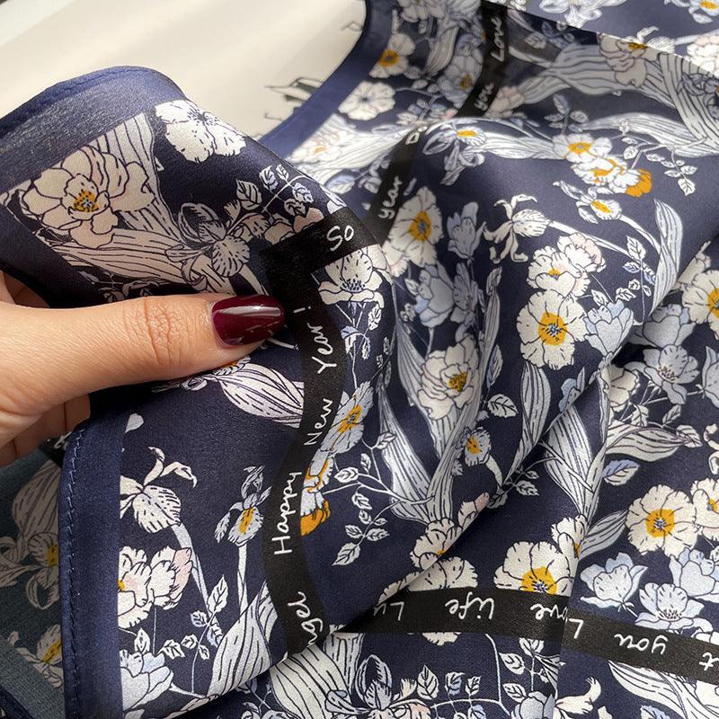 Navy Blue Chiffon Flower 100% mulberry Silk Scarf/Silk head scarf/Silk hair scarf/Silk neck scarf/Mother's Day Gifts/Bag Accessory/Gift for her