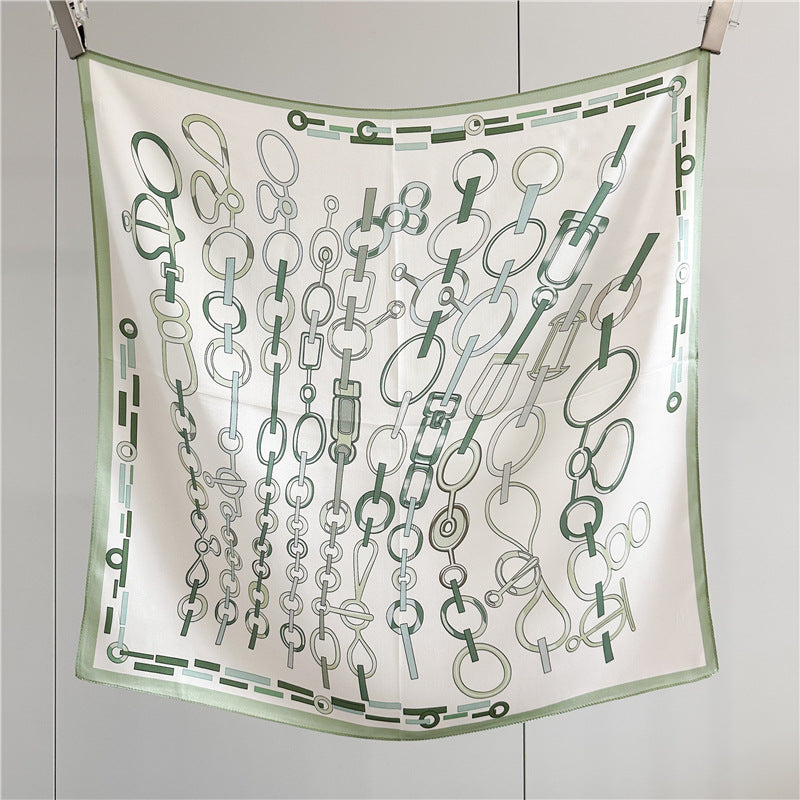 26'' Minimalist Green Lock Mulberry Silk Scarf – Simple & Elegant Square Silk Shawl for Women, Modern Chic Accessory