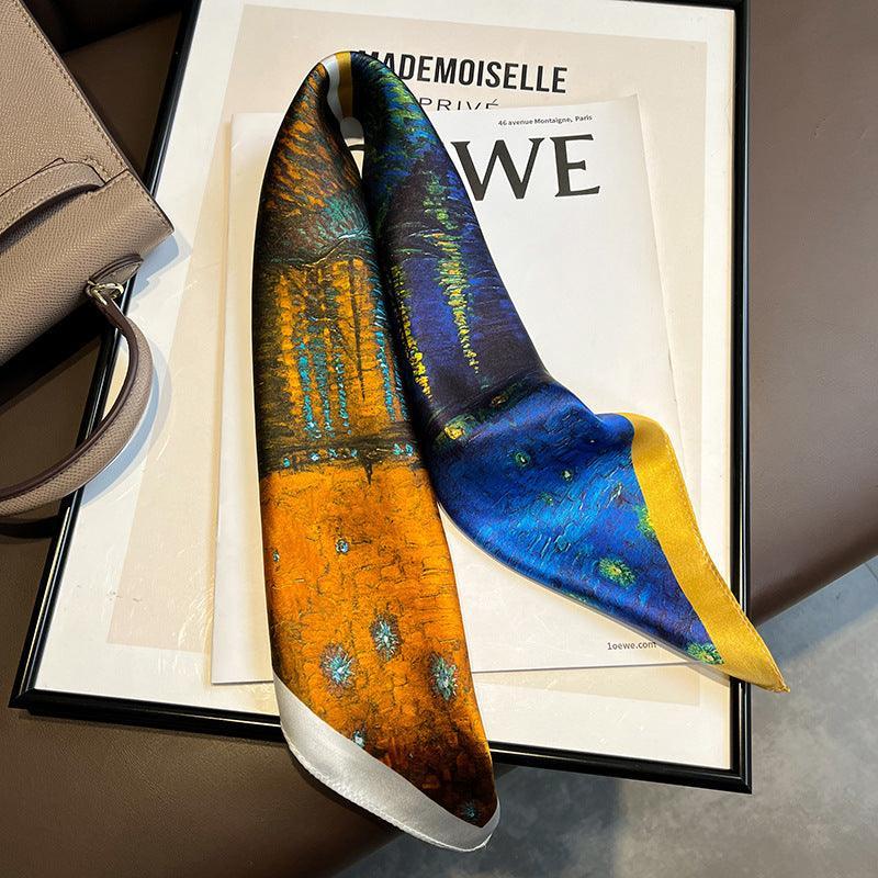 Two-color patchwork oil painting 100% mulberry Silk Scarf/Silk head scarf/Silk hair scarf/Silk neck scarf/Mother's Day Gifts/Bag Accessory/Gift for her