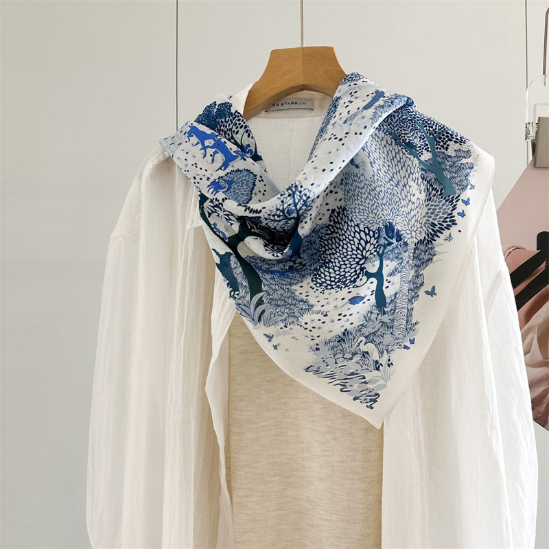 26'' Forest Blue Mulberry Silk Scarf – Nature-Inspired Square Silk Shawl for Women, Calm & Elegant Accessory