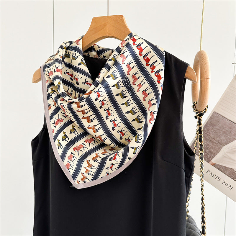 26'' Beige Pony Mulberry Silk Scarf – Cute & Elegant Square Silk Shawl for Women, Playful Animal Design Accessory