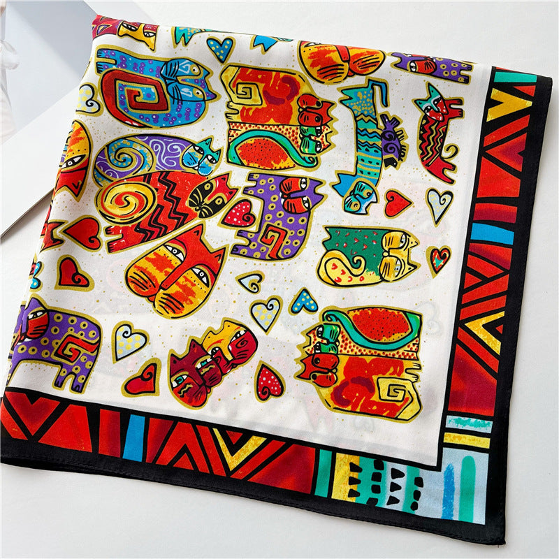 26'' Cartoon Cat Mulberry Silk Scarf – Playful & Cute Square Silk Shawl for Women, Fun & Unique Accessory