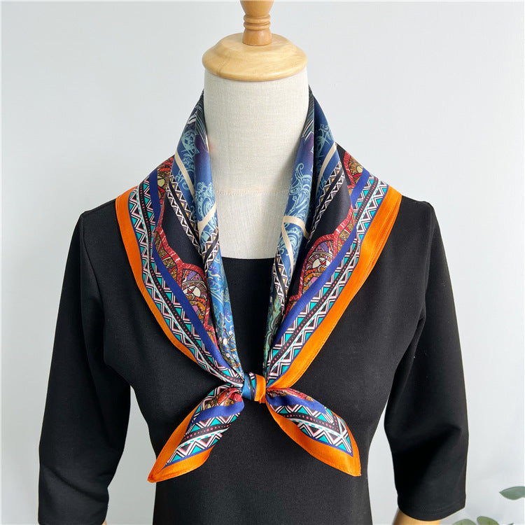 26'' Blue Gem Elephant Mulberry Silk Scarf – Artistic Square Silk Shawl for Women, Luxurious & Exotic Accessory