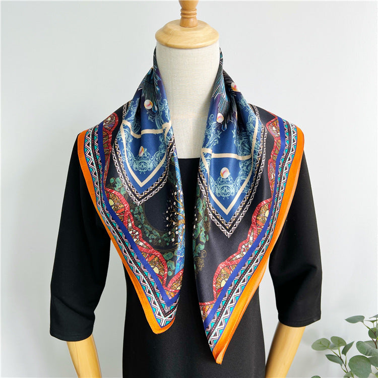 26'' Blue Gem Elephant Mulberry Silk Scarf – Artistic Square Silk Shawl for Women, Luxurious & Exotic Accessory