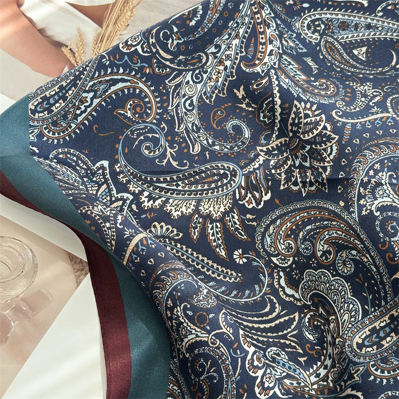 65cm Mulberry Silk Classic Paisley Scarf – Navy Blue Double Crepe Square Shawl for Spring & Summer