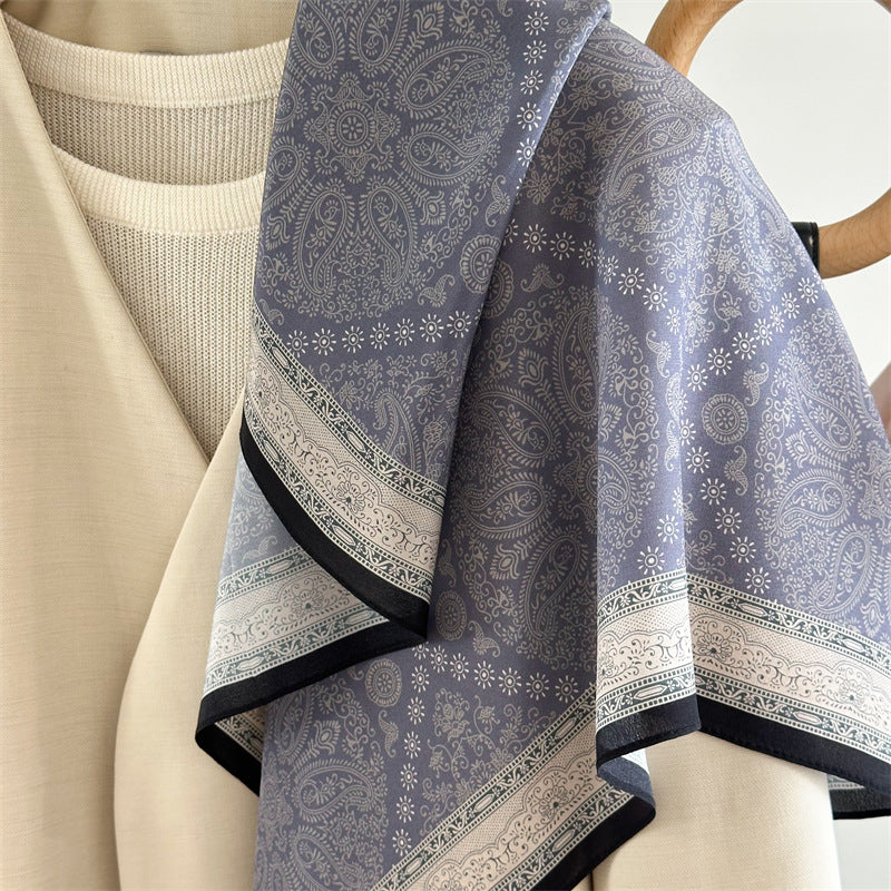 26'' Blue Check Mulberry Silk Scarf – Classic Square Silk Shawl for Women, Elegant & Versatile Accessory