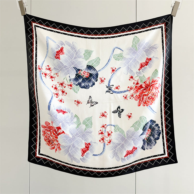 65cm Mulberry Silk Floral Peony Scarf – Double Crepe Square Shawl for Spring & Summer