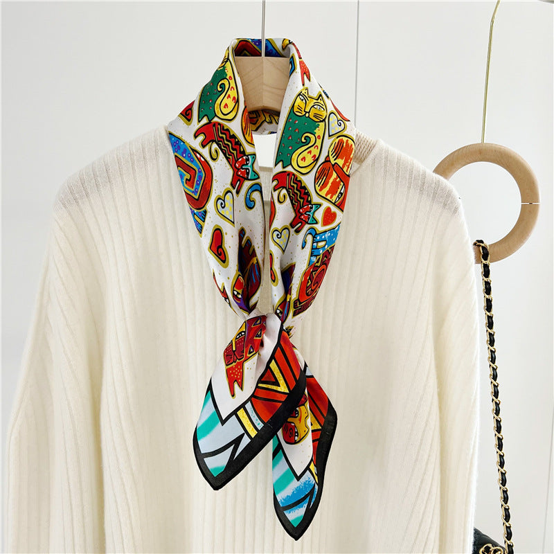 26'' Cartoon Cat Mulberry Silk Scarf – Playful & Cute Square Silk Shawl for Women, Fun & Unique Accessory