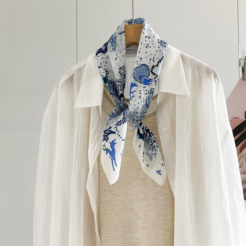 26'' Forest Blue Mulberry Silk Scarf – Nature-Inspired Square Silk Shawl for Women, Calm & Elegant Accessory