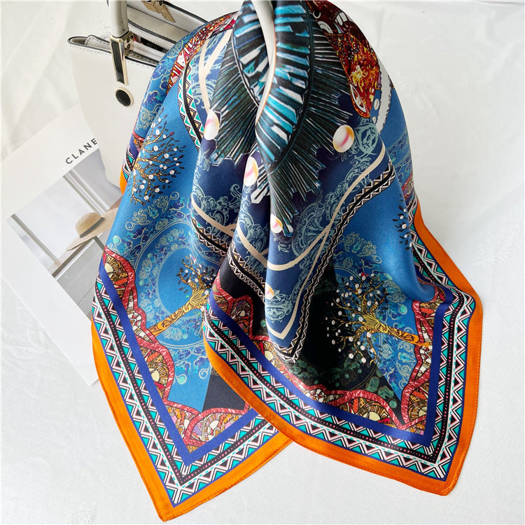 26'' Blue Gem Elephant Mulberry Silk Scarf – Artistic Square Silk Shawl for Women, Luxurious & Exotic Accessory