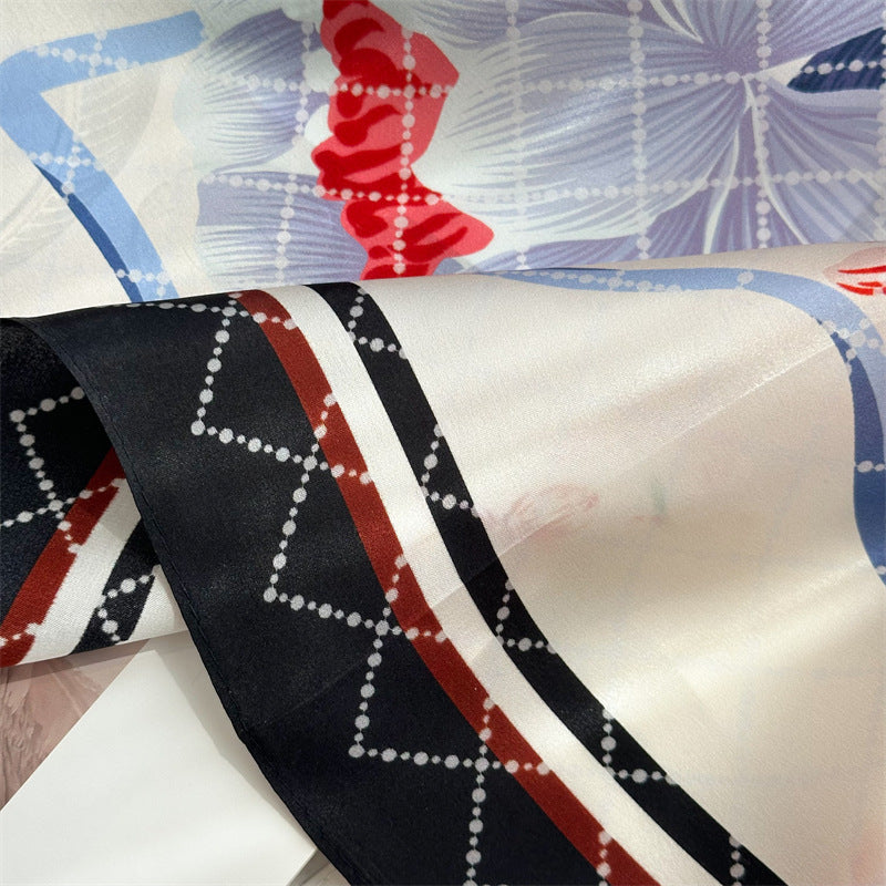 65cm Mulberry Silk Floral Peony Scarf – Double Crepe Square Shawl for Spring & Summer