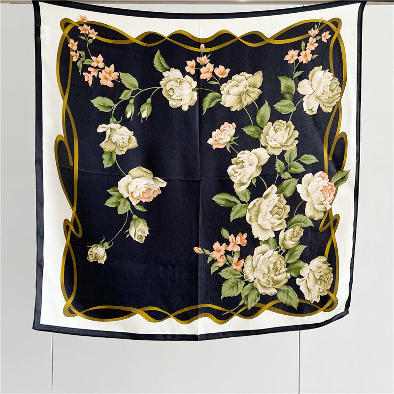 26'' Black Camellia Mulberry Silk Scarf – Elegant Floral Square Silk Shawl for Women, Timeless & Luxurious Accessory