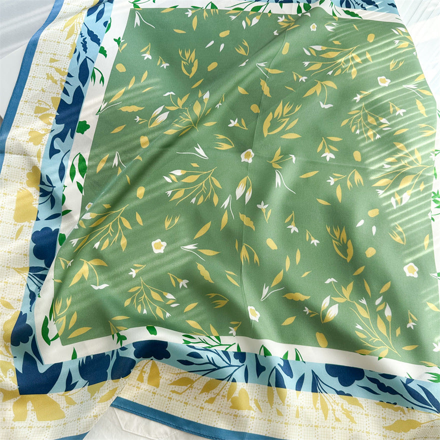 65cm Fresh Floral Mulberry Silk Scarf – Elegant Square Silk Shawl for Women, Lightweight & Versatile Accessory