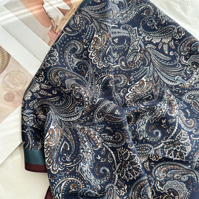 65cm Mulberry Silk Classic Paisley Scarf – Navy Blue Double Crepe Square Shawl for Spring & Summer