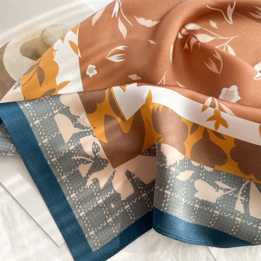 65cm Fresh Floral Mulberry Silk Scarf – Elegant Square Silk Shawl for Women, Lightweight & Versatile Accessory