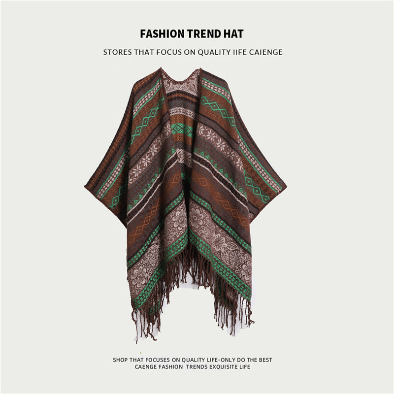 Ethnic Style Women's Shawl, Thickened Cape Coat for Autumn and Winter, Travel Photography Split Cloak