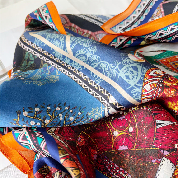 26'' Blue Gem Elephant Mulberry Silk Scarf – Artistic Square Silk Shawl for Women, Luxurious & Exotic Accessory