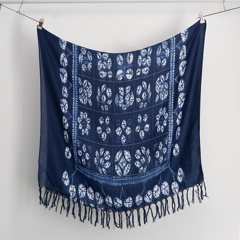 Four Seasons Ethnic Style Tie-Dyed Scarf, Hand-Knotted Tassel Shawl, Travel Decoration Scarf, Lightweight Gauze Kerchief