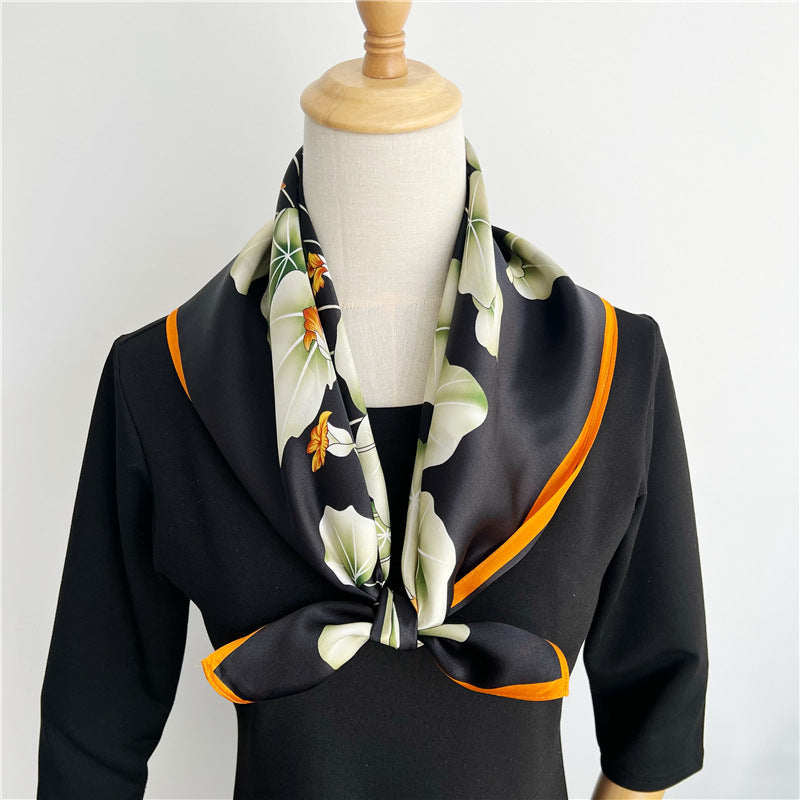 65cm Lotus Leaf Mulberry Silk Scarf – Women’s Autumn Style, Versatile Chinese Square Silk Scarf