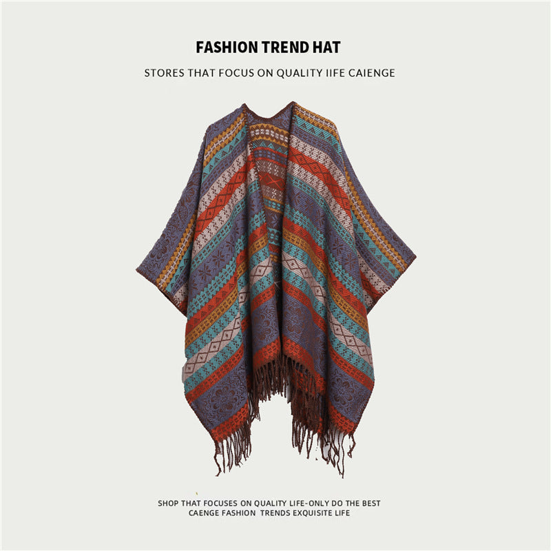 Ethnic Style Women's Shawl, Thickened Cape Coat for Autumn and Winter, Travel Photography Split Cloak