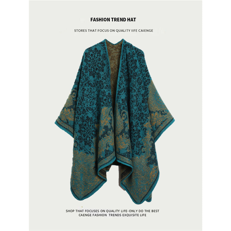 Ethnic Style Women's Shawl, Thickened Cape Coat for Autumn and Winter, Travel Photography Split Cloak