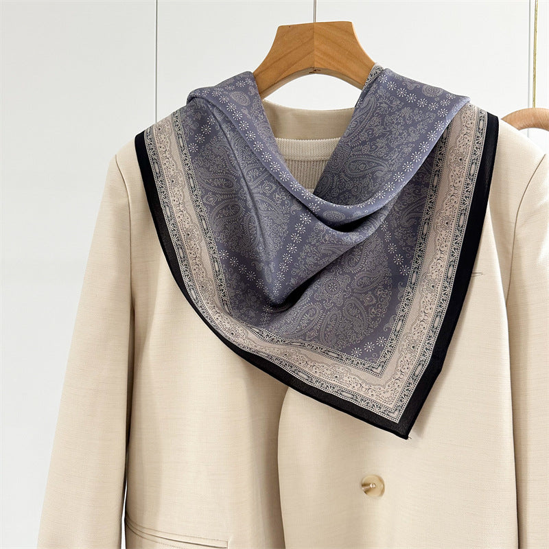 26'' Blue Check Mulberry Silk Scarf – Classic Square Silk Shawl for Women, Elegant & Versatile Accessory