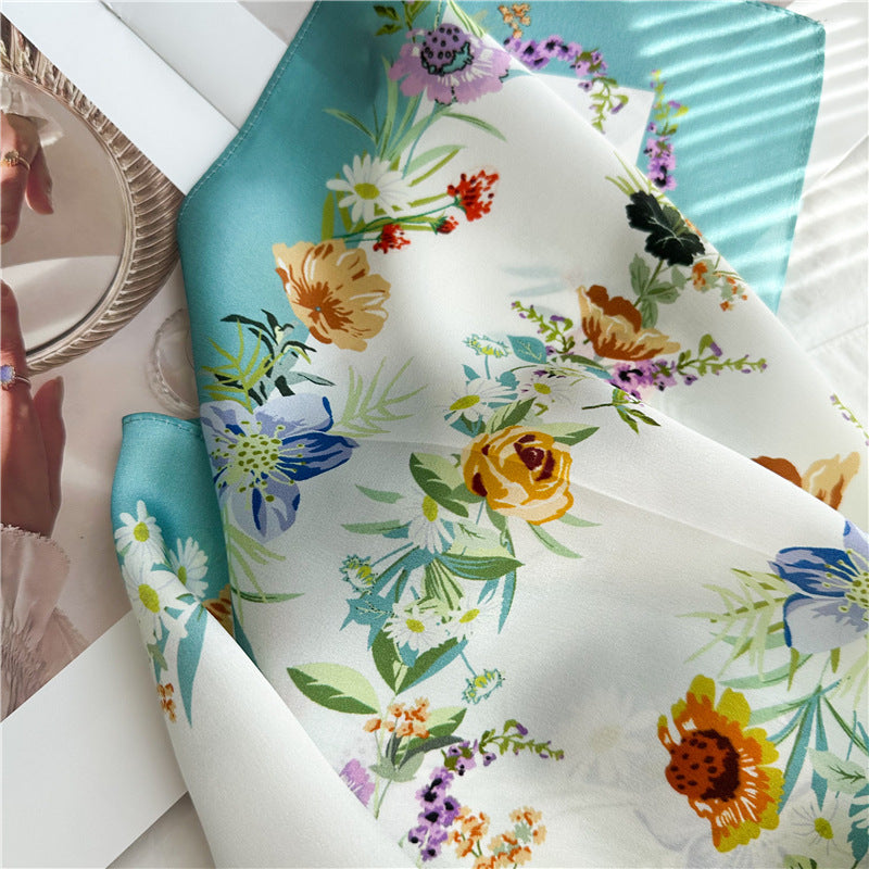 26'' Fresh Blue Border Floral Mulberry Silk Scarf – Elegant Floral Square Silk Shawl for Women, Soft & Feminine Accessory