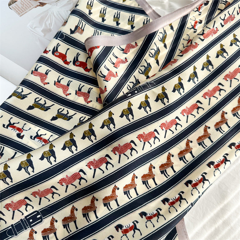 26'' Beige Pony Mulberry Silk Scarf – Cute & Elegant Square Silk Shawl for Women, Playful Animal Design Accessory