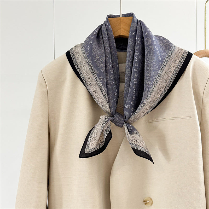 26'' Blue Check Mulberry Silk Scarf – Classic Square Silk Shawl for Women, Elegant & Versatile Accessory