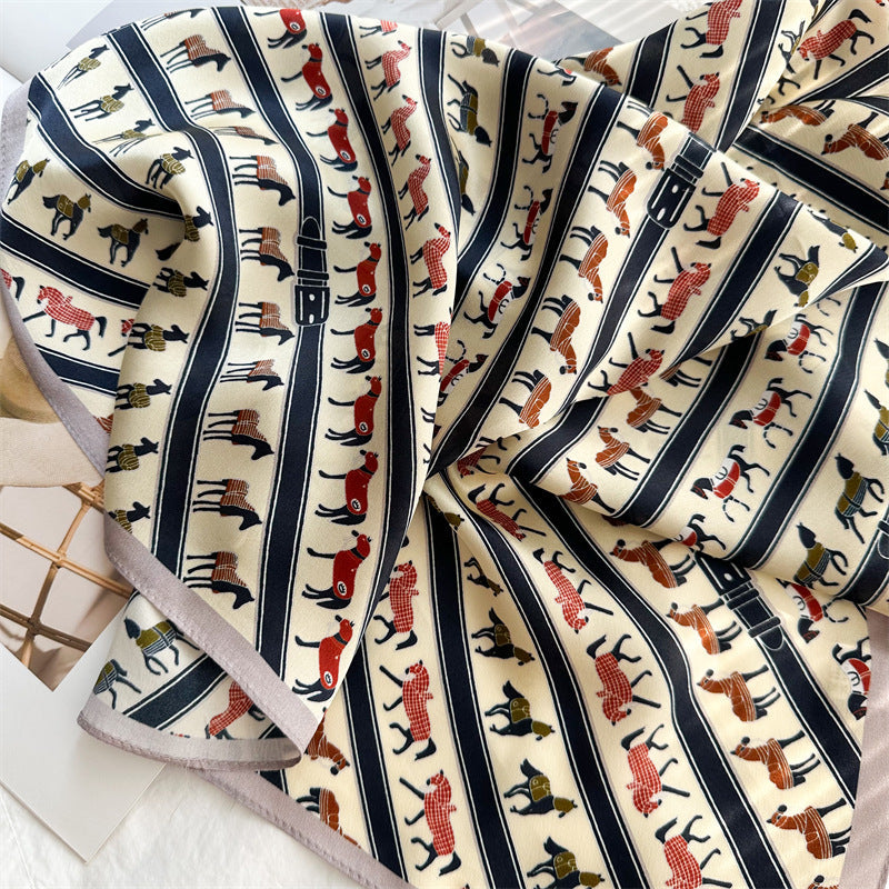 26'' Beige Pony Mulberry Silk Scarf – Cute & Elegant Square Silk Shawl for Women, Playful Animal Design Accessory