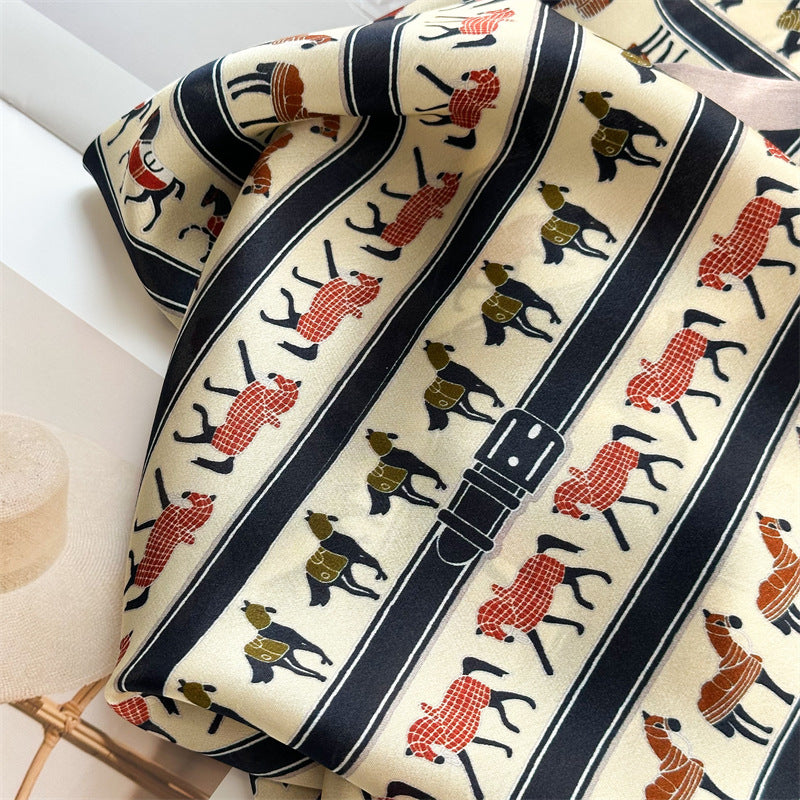 26'' Beige Pony Mulberry Silk Scarf – Cute & Elegant Square Silk Shawl for Women, Playful Animal Design Accessory