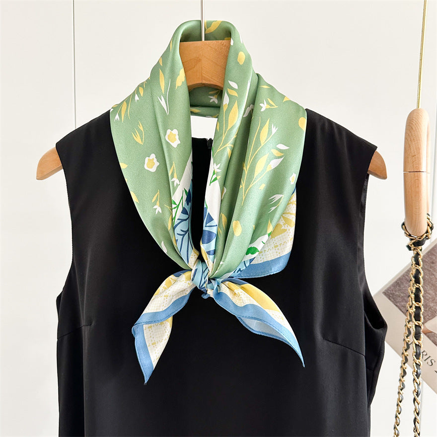 65cm Fresh Floral Mulberry Silk Scarf – Elegant Square Silk Shawl for Women, Lightweight & Versatile Accessory