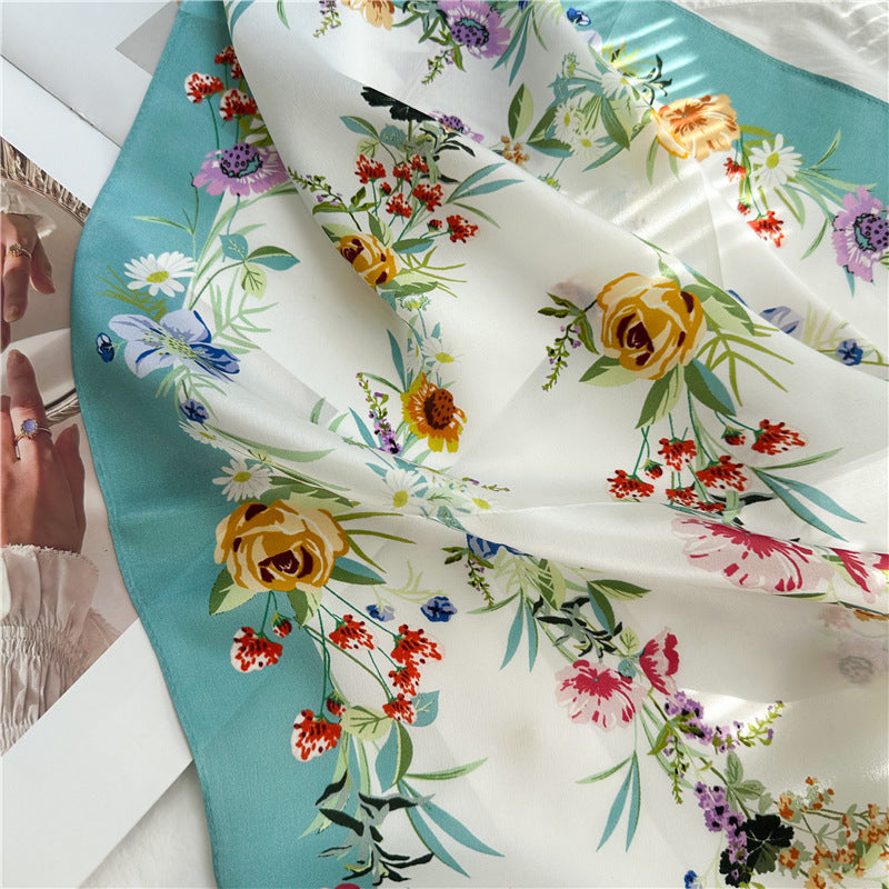 26'' Fresh Blue Border Floral Mulberry Silk Scarf – Elegant Floral Square Silk Shawl for Women, Soft & Feminine Accessory