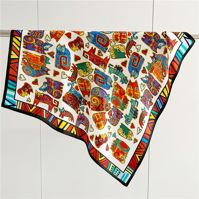 26'' Cartoon Cat Mulberry Silk Scarf – Playful & Cute Square Silk Shawl for Women, Fun & Unique Accessory