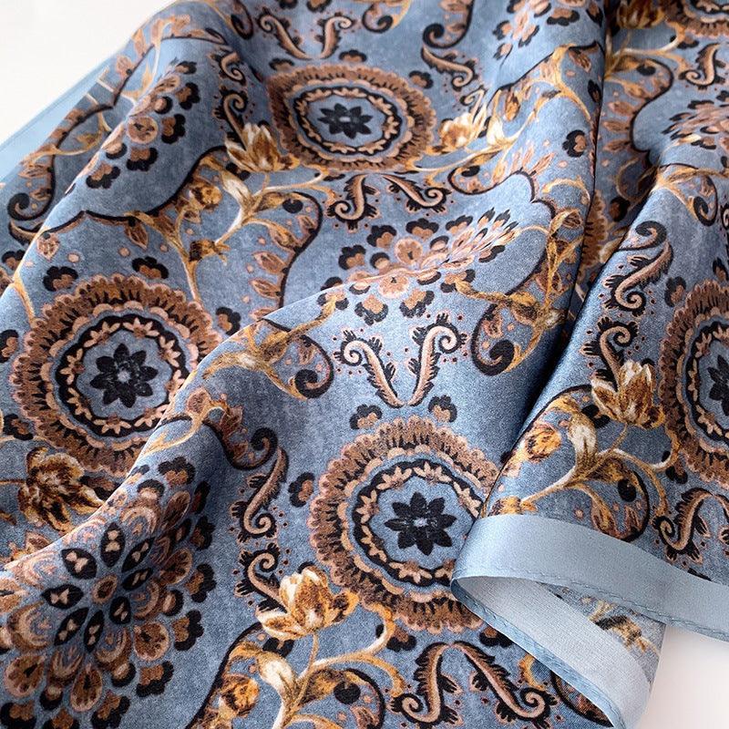 Vintage gray and blue bohemian silk scarf/100% mulberry silk scarf/Small square scarf