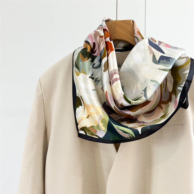 65cm Mulberry Silk Bold Rose Scarf – Double Crepe Square Shawl for Women, Elegant Floral Accessory