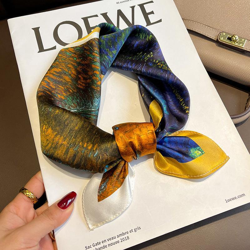 Two-color patchwork oil painting 100% mulberry Silk Scarf/Silk head scarf/Silk hair scarf/Silk neck scarf/Mother's Day Gifts/Bag Accessory/Gift for her