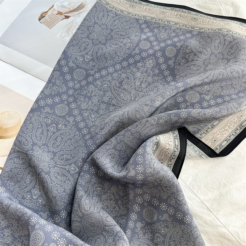 26'' Blue Check Mulberry Silk Scarf – Classic Square Silk Shawl for Women, Elegant & Versatile Accessory