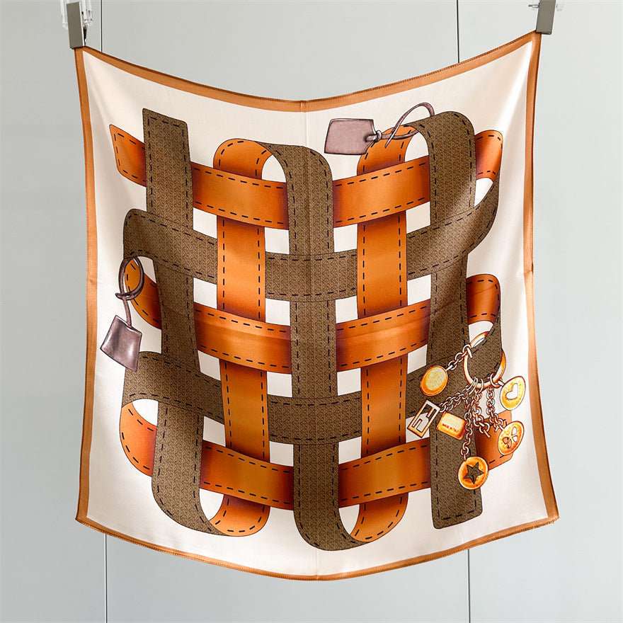 65cm Belt Pattern Mulberry Silk Scarf – Square Silk Shawl for Women, Elegant & Versatile Accessory