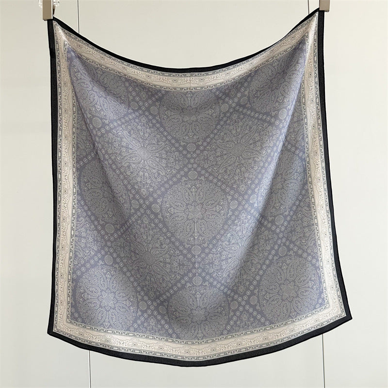 26'' Blue Check Mulberry Silk Scarf – Classic Square Silk Shawl for Women, Elegant & Versatile Accessory