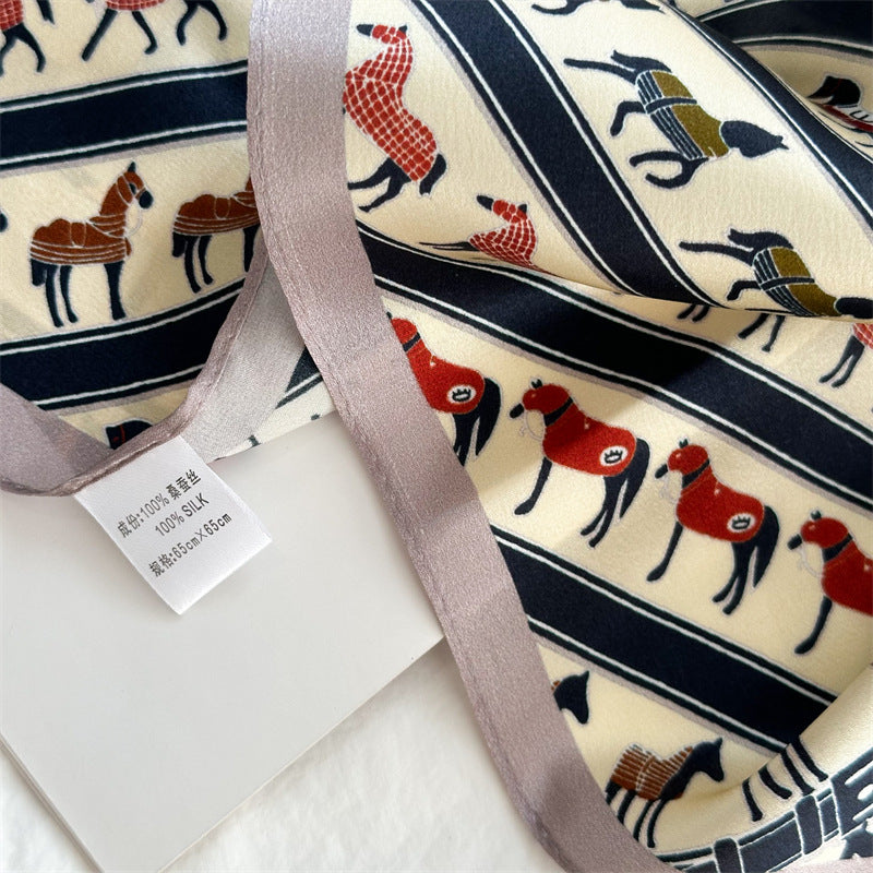 26'' Beige Pony Mulberry Silk Scarf – Cute & Elegant Square Silk Shawl for Women, Playful Animal Design Accessory