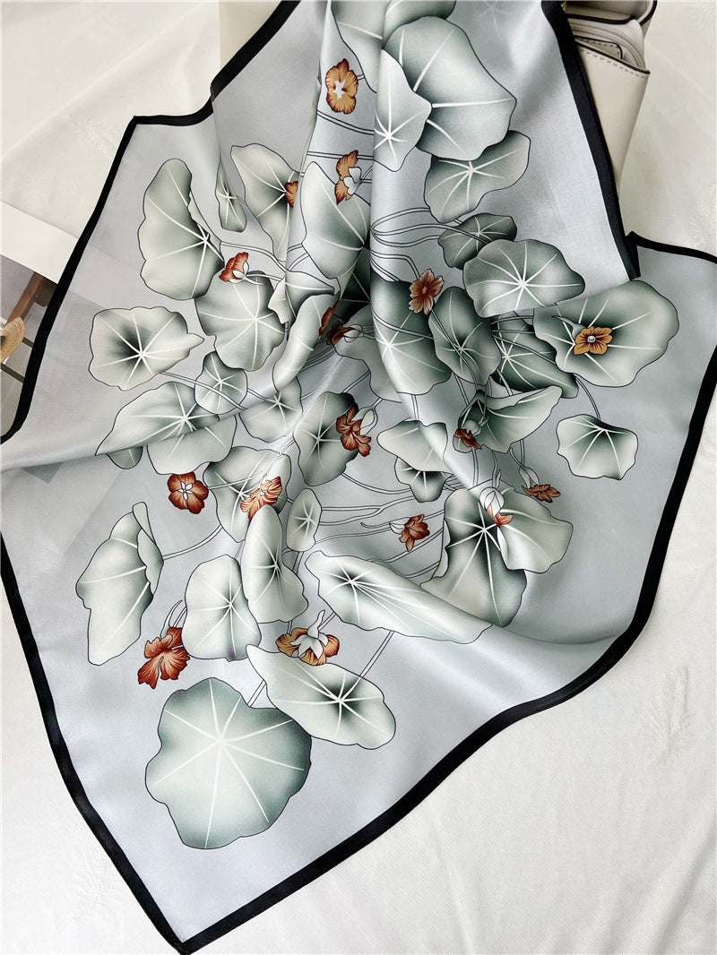 65cm Lotus Leaf Mulberry Silk Scarf – Women’s Autumn Style, Versatile Chinese Square Silk Scarf