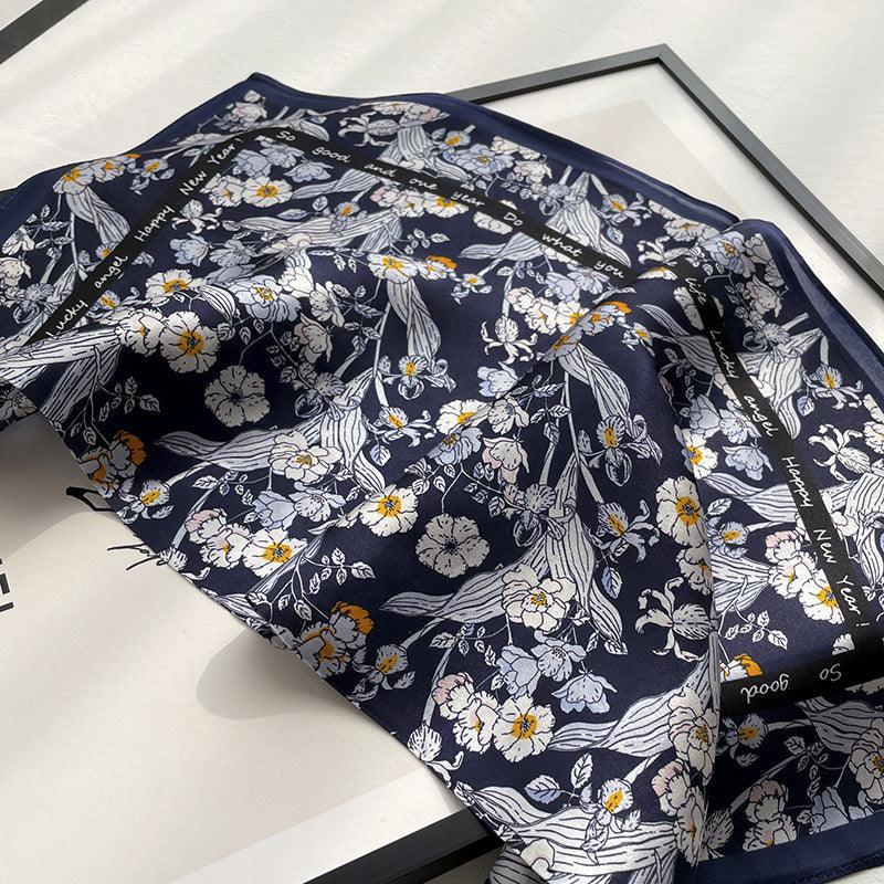 Navy Blue Chiffon Flower 100% mulberry Silk Scarf/Silk head scarf/Silk hair scarf/Silk neck scarf/Mother's Day Gifts/Bag Accessory/Gift for her