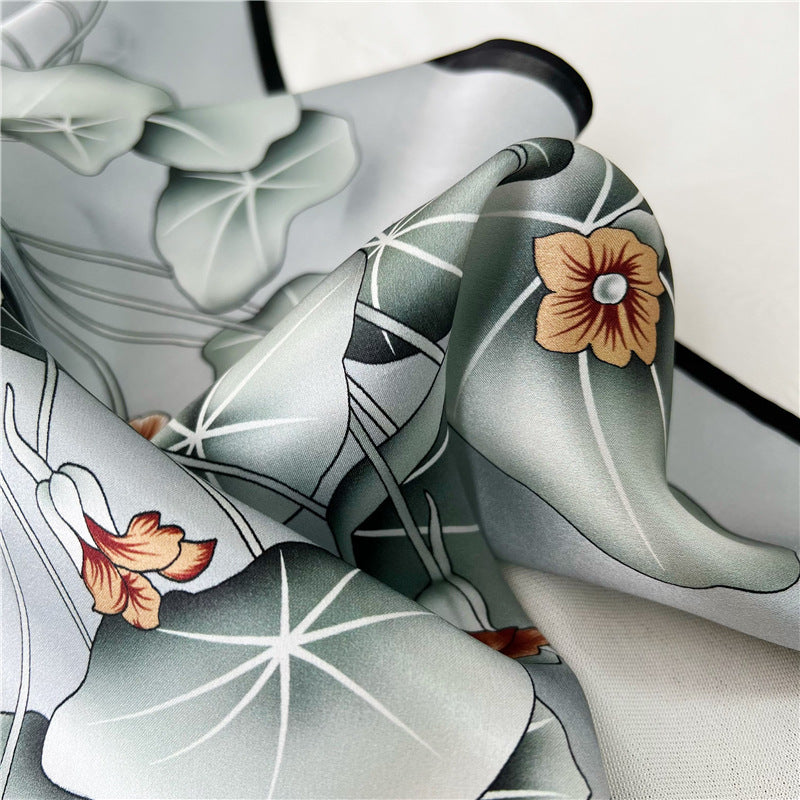65cm Lotus Leaf Mulberry Silk Scarf – Women’s Autumn Style, Versatile Chinese Square Silk Scarf