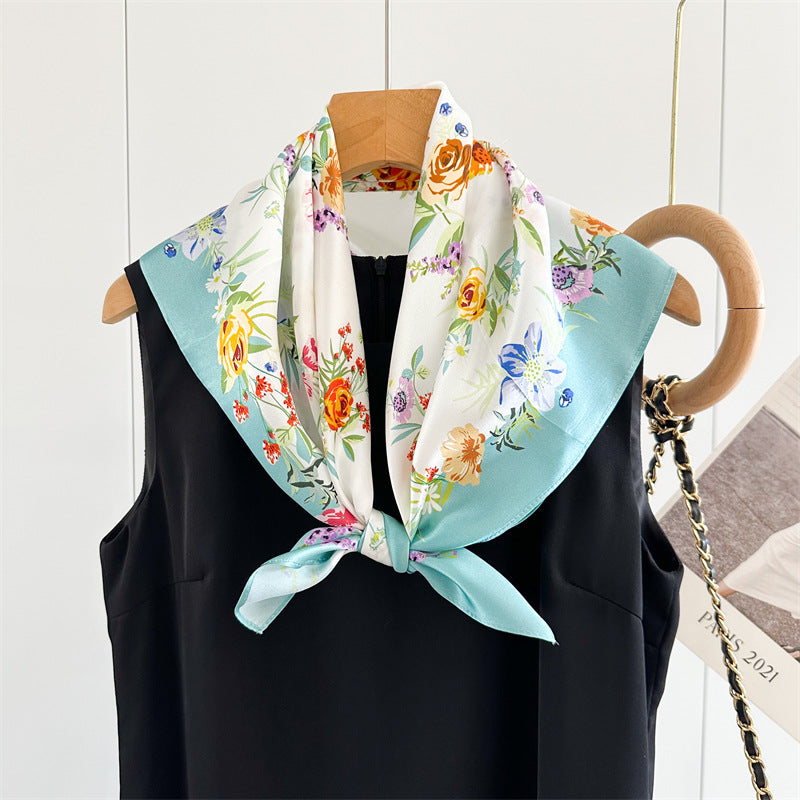 26'' Fresh Blue Border Floral Mulberry Silk Scarf – Elegant Floral Square Silk Shawl for Women, Soft & Feminine Accessory